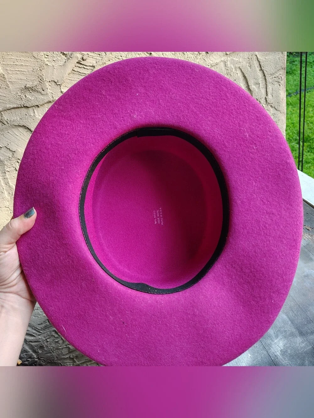 80s Vintage Hat Women's Hot Pink Wool W/ Black Ribbon Bow Wide Brim USA Vtg